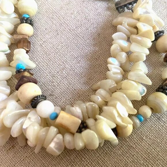 VINTAGE River Stone Turquoise Beads Stone Triple Chain Silver Bracelet BOHO - Picture 4 of 4